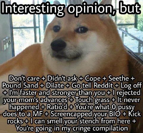 opinion Don't саге Didn't ask Cope Seethe Pound Sand Dilate tell Reddit Log off faster and stronger than you rejected your mom's advances Touch grass It never happened Ratio'd You're what 0 pussy does