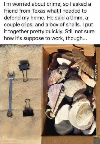 worried about crime, so asked а friend from Texas what needed to defend my home. He said a a couple clips, and a box of shells. put it together pretty quickly. Still not sure how it's suppose to work,