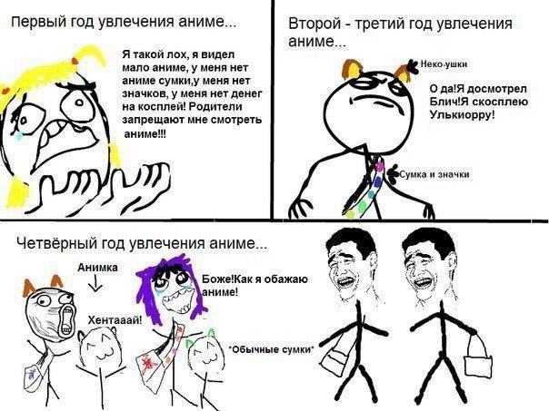 первый год увлечения аниме... Второй третий год увлечения аниме... Я такой лох, я видел мало аниме, у меня нет аниме меня нет значков, у меня нет денег О да!Я досмотрел на косплей! Родители Блич!Я ско