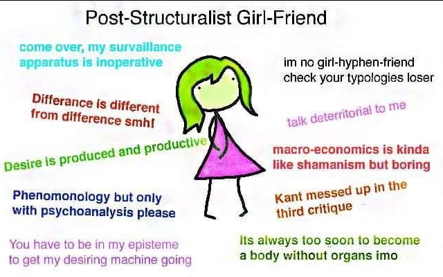 Post-Structuralist Girl-Friend come over, my survaillance apparatus is inoperative no girl-hyphen-friend check your typologies loser Differance is different a from difference talk dete macro-economics