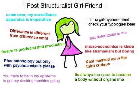 Post-Structuralist Girl-Friend come over, my survaillance apparatus is inoperative no girl-hyphen-friend check your typologies loser Differance is different a from difference talk dete macro-economics