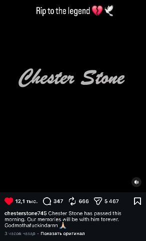 Rip to the legend 12Атыс. “75467 [A chesterstone745 Chester Stone has passed this morning. Our memories will be with him forever. Godmothafuckindamn А, 3 часов назад Показать оригинал