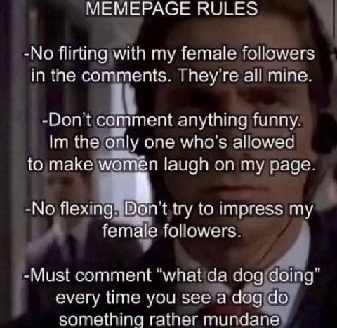 МЕМЕРАСЕ RULES -No flirting with my female followers in the comments. They all mine. -Dont comment anything funny. the only one who's allowed to make women laugh on my page -No flexing. Dont try to im