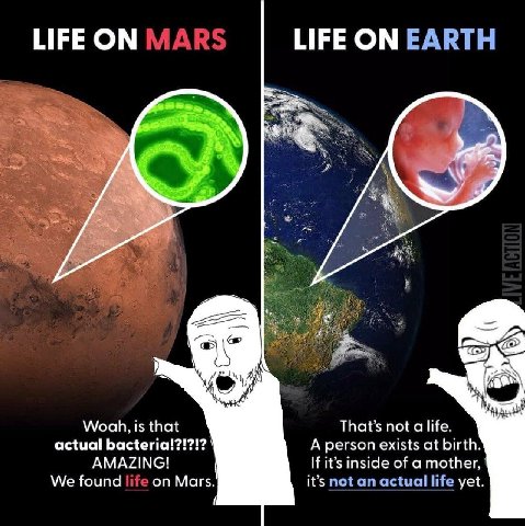 НЕЕ MARS LIFE ON EARTH Woah, is that That’s not a life. actual A person exists at birth. AMAZING! If it’s inside of a mother, We found life on Mars. it’s not an actual life yet.