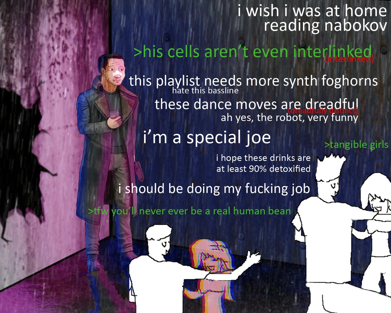 i wish i was at home reading nabokov this playlist needs more synth foghorns these dance moves are dreadful a yes, the robot, very funny Гта special joe i hope these drinks are at least 90% detoxified