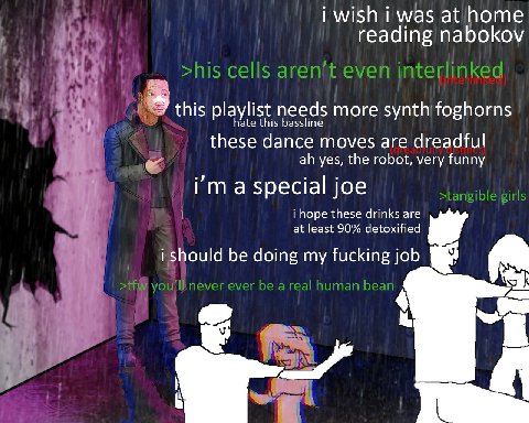 i wish i was at home reading nabokov this playlist needs more synth foghorns these dance moves are dreadful a yes, the robot, very funny Гта special joe i hope these drinks are at least 90% detoxified