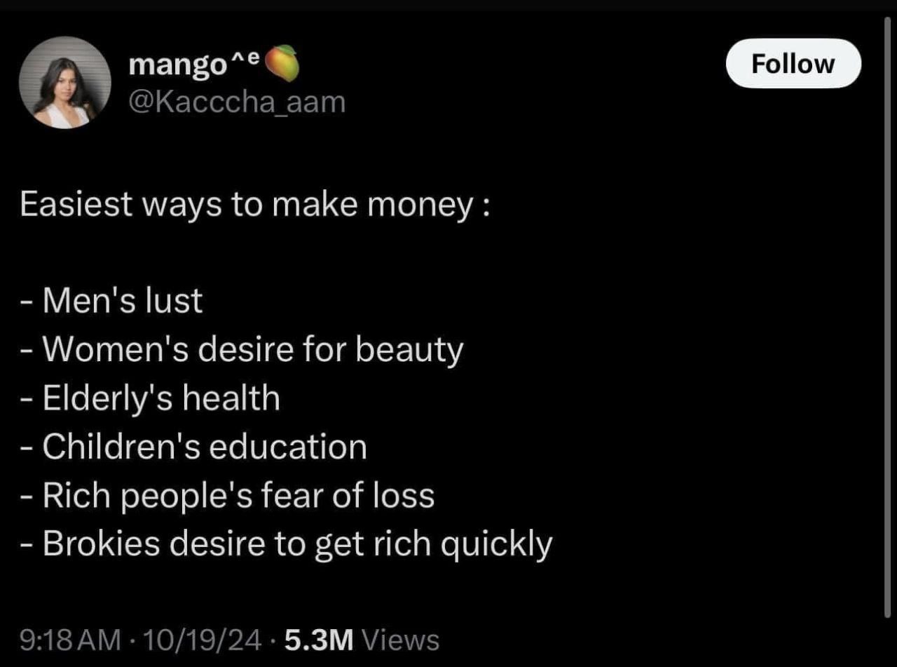 тапзо^® Easiest ways to make money Men's lust Women's desire for beauty Elderly's health Children's education Rich people's fear of loss Brokies desire to get rich quickly