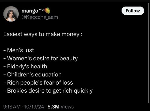 тапзо^® Easiest ways to make money Men's lust Women's desire for beauty Elderly's health Children's education Rich people's fear of loss Brokies desire to get rich quickly
