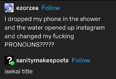 егоггеа dropped my phone the shower and the water opened up instagram and changed my fucking PRONOUNS “2. sanitymakesposts isekai title