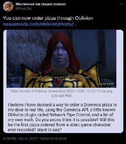 у Mischievous bat shaped creature You can now order pizza through Oblivion nexusmods.com/obli vion/mods Pizza Black believe have devised a way to order a Dominos pizza to my door in real life, using t