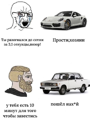 2. 'Ты разогнался до сотни за 3,1 227 7 у тебя есть 10 пошел нах*и минут для того чтобы завестись