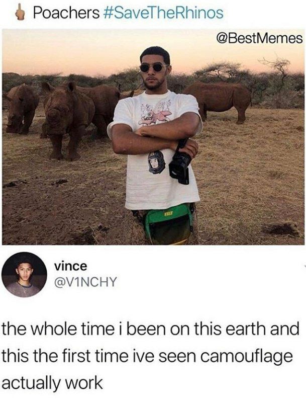 4 Poachers #SaveTheRhinos @BestMemes vince о @VINCHY the whole time i been on this earth and this the first time ive seen camouflage actually work