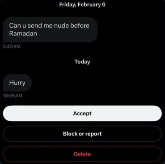 Friday, February 6 Can и send me nude before Ramadan Today Hurry Block or report