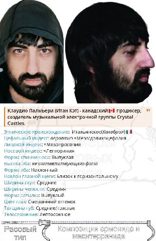 99 Клаудио Палмьери (Итан Кэт) канадский продюсер, создатель музыкальной электронной группы Crystal Castles. Этническое происхождение: Итальянское(Калабрия) Цефальный индекс: вероятно =Мезо/долихоцефа