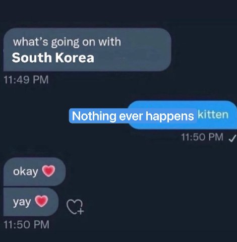 what’s going on with South Korea Nothing ever happens kitten okay yay