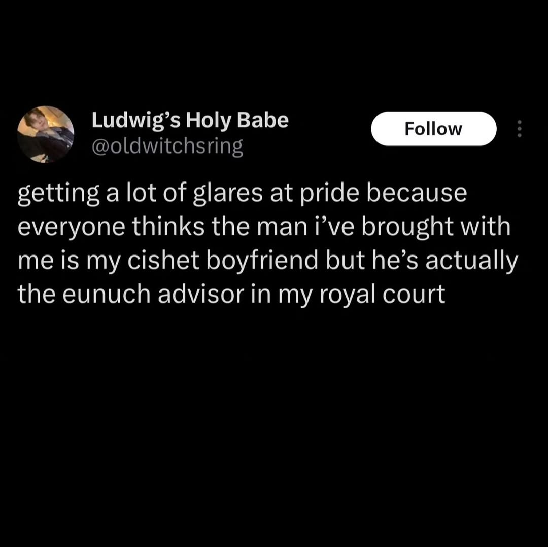 Ludwig’s Holy Babe setting alot of glares at pride because everyone thinks the man Гуе brought with me is my cishet boyfriend but he’s actually the eunuch advisor in my royal court