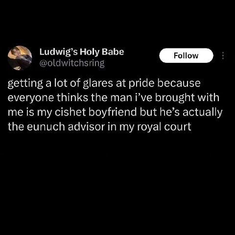 Ludwig’s Holy Babe setting alot of glares at pride because everyone thinks the man Гуе brought with me is my cishet boyfriend but he’s actually the eunuch advisor in my royal court