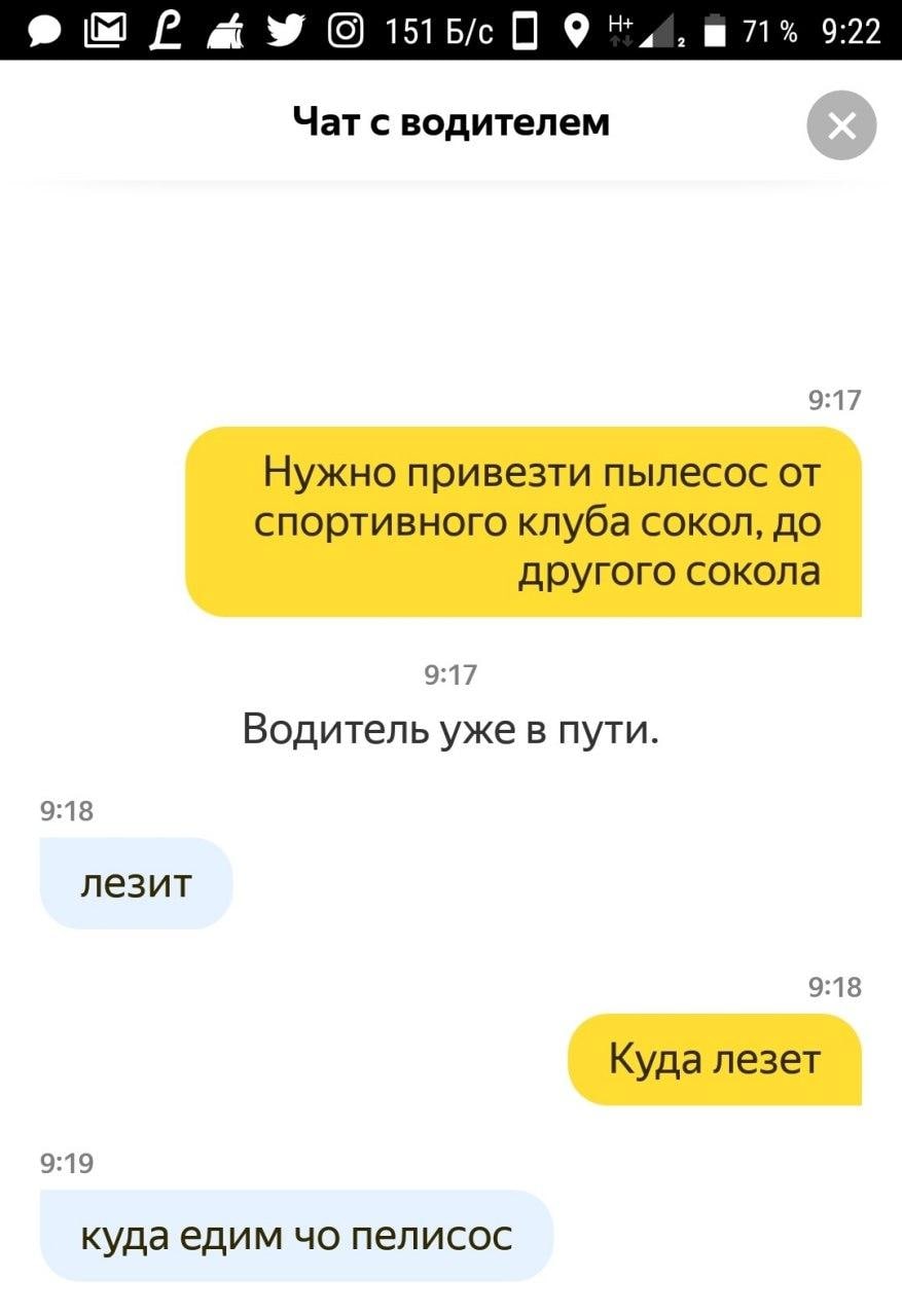 9 71% 9:22 Чат с водителем 9:17 Нужно привезти пылесос от спортивного клуба сокол, до другого сокола 9:17 Водитель уже в пути. 9:18 лезит 9:18 Куда лезет 9:19 кудаедим пелисос