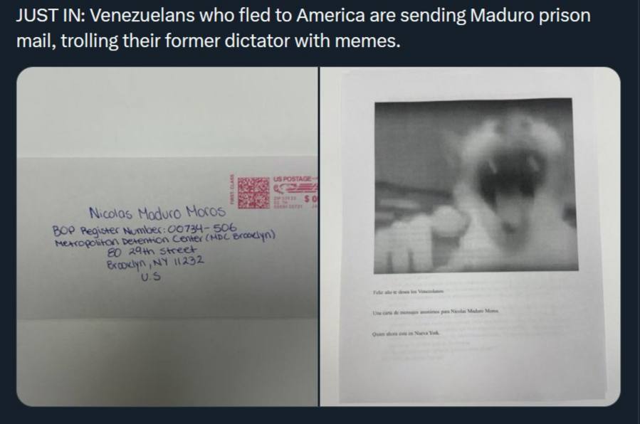 JUST IN: Venezuelans who fled to America are sending Maduro prison mail, trolling their former dictator with memes. i я i у
