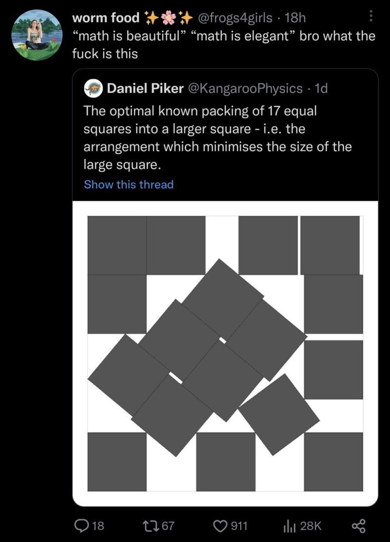 worm food “math is beautiful” “math is elegant” bro what the fuck is this о Daniel Рег The optimal known packing of 17 equal squares into a larger square the arrangement which minimises the size of th