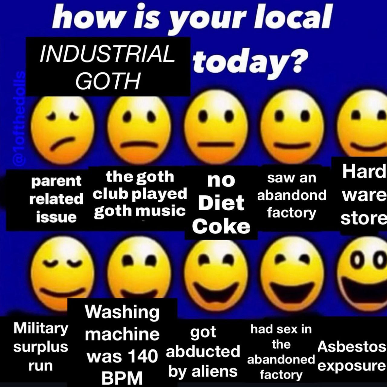 how your local INDUSTRIAL today? GOTH parent the goth по зам Нага related Diet abandond ware i goth music factory issue Coke store Washing Military machine got had sex in surplus abducted the Asbestos