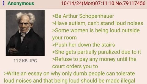 Anonymous 10/14/24(Моп)07:11:10 No.79117456 >Be Arthur Schopenhauer >Have autism, cant stand loud noises >Some women is being loud outside 5 your room >Push her down the stairs >She gets partially par