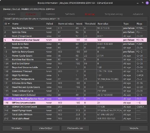 Device Information /dev/sdc: ST2000DM006-2DM164 GSmartControl Device: /dev/sdc Model: ST2000DM006-2DM164 SMART Attributes Data Structure revision number: 10 Name Failed Norm-ed value Worst Threshold R