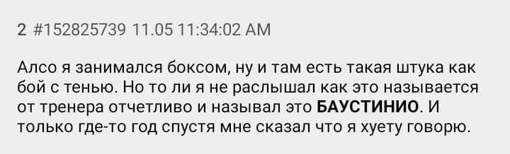 2 #152825739 11.05 11:34:02 Алсо я занимался боксом, ну и там есть такая штука как бой с тенью. Но то лия не раслышал как это называется от тренера отчетливо и называл это БАУСТИНИО. И только где-то г