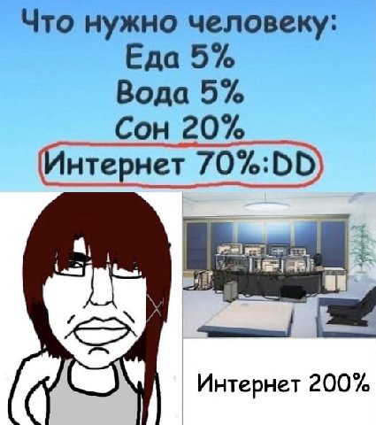 Что нужно человеку: Еда 5% Вода 5% Сон 20% нтернет Sof Интернет 200%