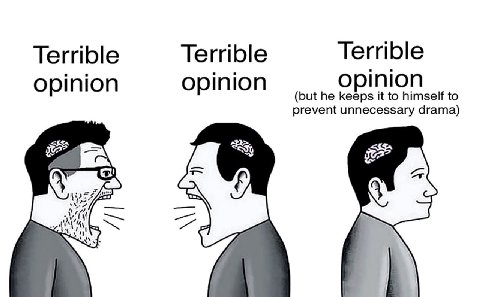 Terrible Terrible Terrible opinion opinion opinion (but he keeps it to himself to prevent unnecessary drama)