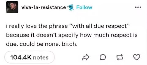 q viva-la-resistance "@ Follow eee i really love the phrase “with all due respect” because it doesn’t specify how much respect is due. could be none. bitch.