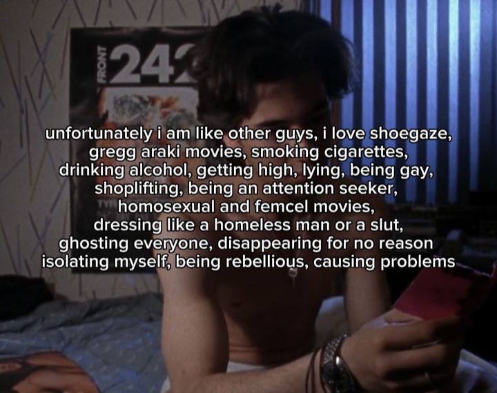 unfortunately тат like other guys, i love shoegaze, gregg araki movies, smoking cigarettes, drinking alcohol, getting high, lying, being gay, shoplifting, being an attention seeker, homosexual and fem