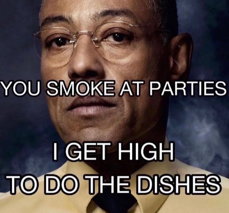 YOU SMOKE AT PARTIES GET HIGH THE DISHES