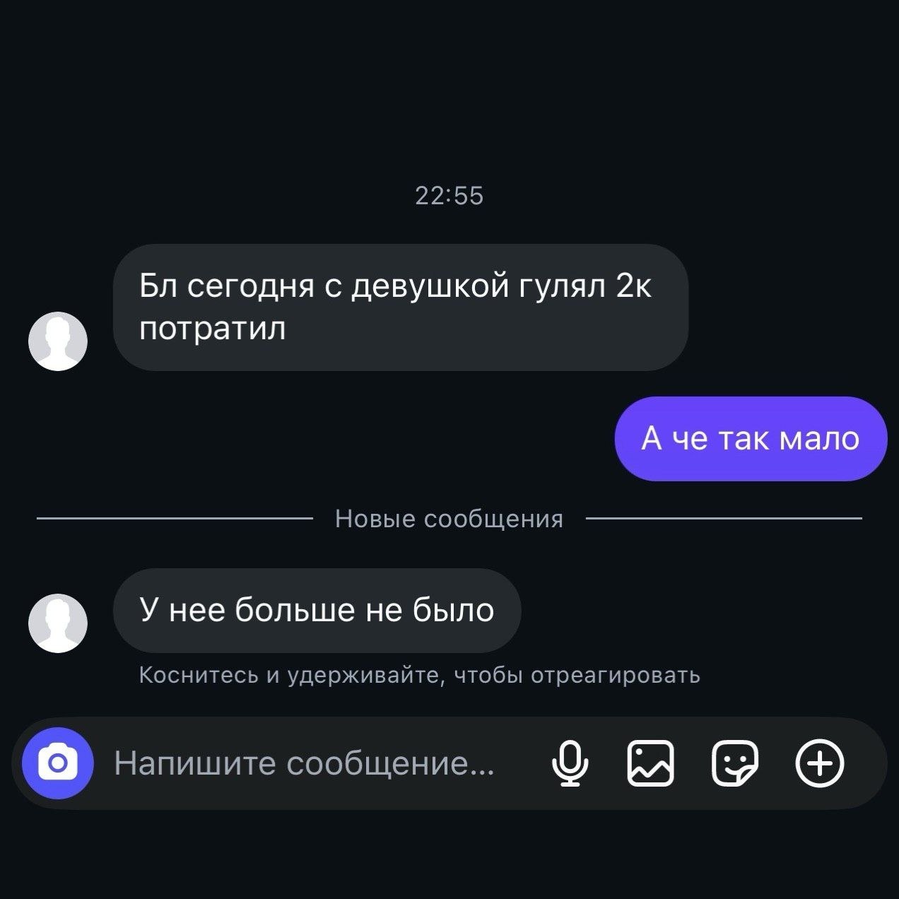 22.55 сегодня с девушкой гулял 2к потратил А че так мало Новые сообщения У нее больше не было 2 Коснитесь и удерживайте, чтобы отреагировать Напишите сообщение...