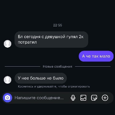 22.55 сегодня с девушкой гулял 2к потратил А че так мало Новые сообщения У нее больше не было 2 Коснитесь и удерживайте, чтобы отреагировать Напишите сообщение...