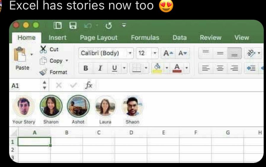 Excel has stories now too Ноте Insert Page Layout Formulas Data Review View cut Calibri (Body) 12 А^ Copy A Format I у Your Story Sharo С