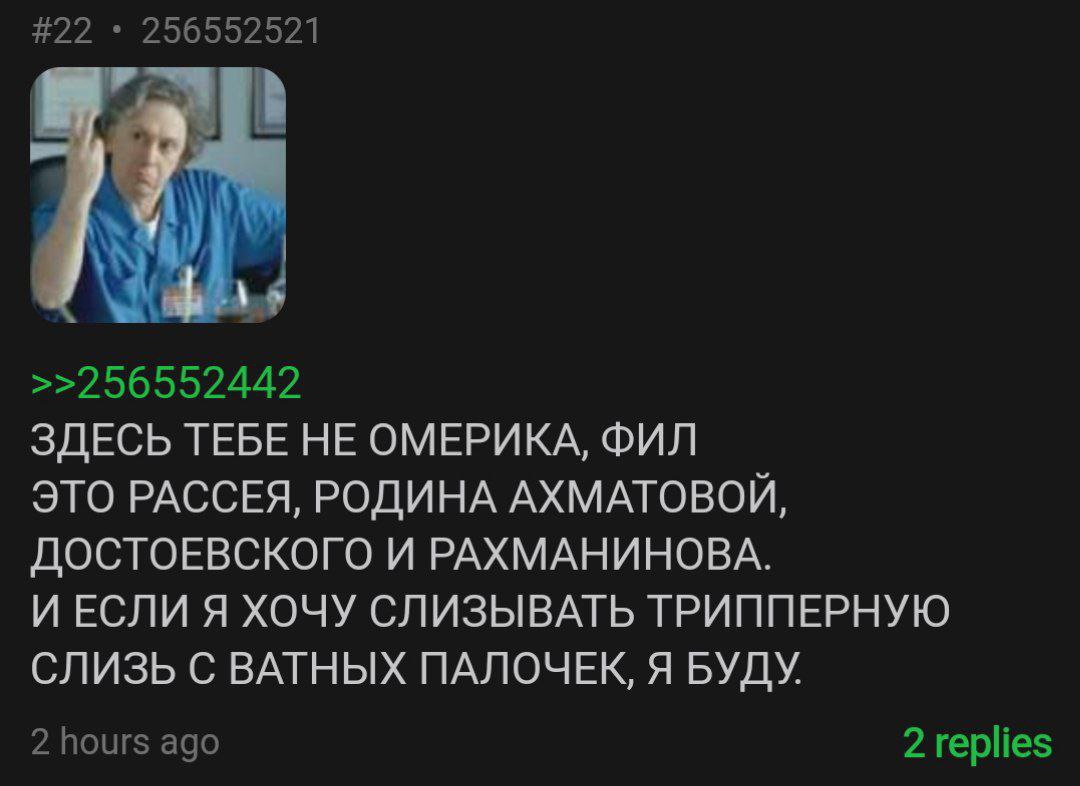 #22 256552521 К) ЗДЕСЬ TEBE НЕ ОМЕРИКА, ФИЛ ЭТО РАССЕЯ, РОДИНА АХМАТОВОЙ, ДОСТОЕВСКОГО И РАХМАНИНОВА. И ЕСЛИ Я ХОЧУ СЛИЗЫВАТЬ ТРИППЕРНУЮ СЛИЗЬ С ВАТНЫХ ПАЛОЧЕК, Я БУДУ. 2 hours ago 2 replies