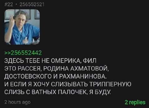 #22 256552521 К) ЗДЕСЬ TEBE НЕ ОМЕРИКА, ФИЛ ЭТО РАССЕЯ, РОДИНА АХМАТОВОЙ, ДОСТОЕВСКОГО И РАХМАНИНОВА. И ЕСЛИ Я ХОЧУ СЛИЗЫВАТЬ ТРИППЕРНУЮ СЛИЗЬ С ВАТНЫХ ПАЛОЧЕК, Я БУДУ. 2 hours ago 2 replies