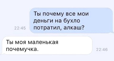 Ты почему все мои деньги на бухло 22:4 потратил, алкаш? Ты моя маленькая почемучка. 22:4