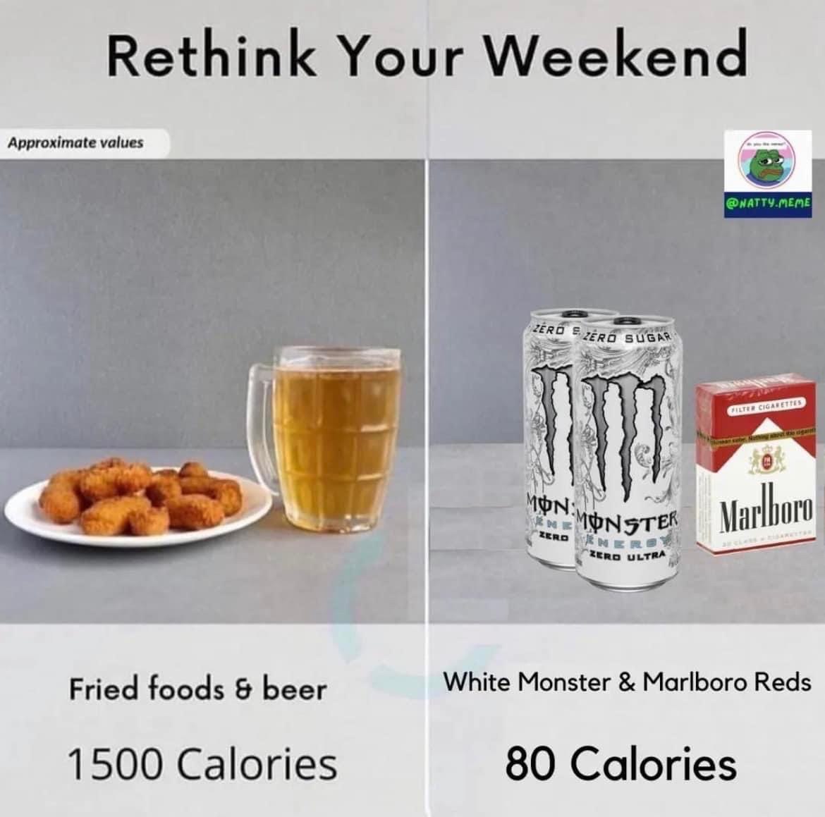 Rethink Your Weekend Approximate values 4 Fried foods beer White Monster Marlboro Reds 1500 Calories 80 Calories