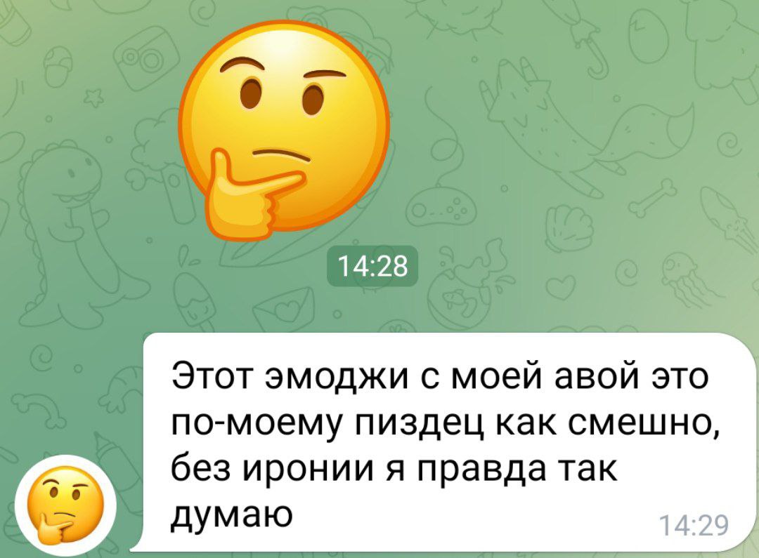 14:28 Этот эмоджи с моей авой это по-моему пиздец как смешно, без иронии я правда так думаю 14:29