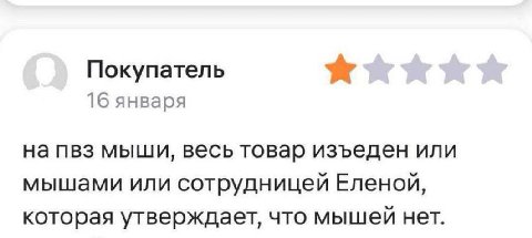 Покупатель 16 января на пвз мыши, весь товар изъеден или мышами или сотрудницей Еленой, которая утверждает, что мышей нет.