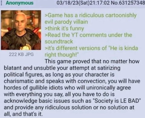 Anonymous 03/18/23(Sat)21:17:02 No.631257348 >Game has a ridiculous cartoonishly evil parody villain its funny the comments under the soundtrac it's different versions of "Не is kinda 222 JPG right th