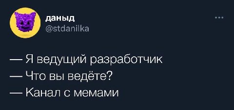 даныд @stdanilka Я ведущий разработчик Что вы ведёте? Канал с мемами