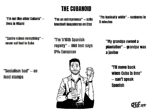 THE CUBANOID basically white" sunburns in not like other Cubans" an entrepreneur" sells 5 minutes lives in Miami knockoff Guayaberas on Etsy "Castro ruined everything" never set foot in Cuba Spanish "
