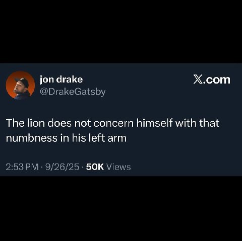 Х.сот @DrakeGatsby The lion does not concern himself with that numbness in his left arm 2:53 9/26/25 БОК Views