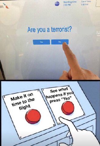 Boardeng time 230 Are you a terrorist? wnat парре и мак ane "Yes a С