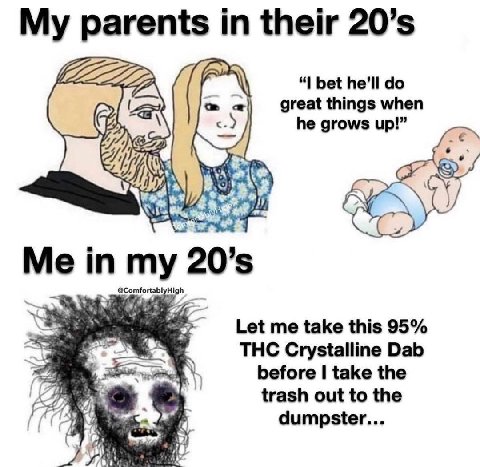 My parents their fain bet he’ll great things when he grows up!” @ComfortablyHigh Let me take this 95% THC Crystalline Dab before take the trash out to the dumpster...