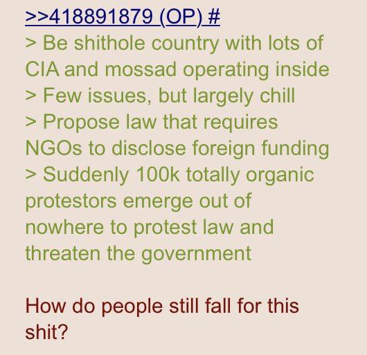 >>418891879 Be shithole country with lots of CIA and mossad operating inside Few issues, but largely chill Propose law that requires NGOs to disclose foreign funding Suddenly totally organic protestor