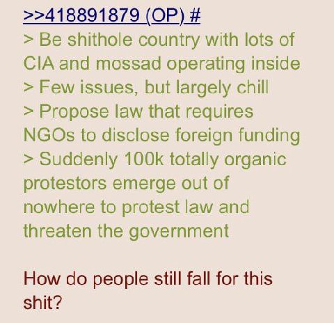 >>418891879 Be shithole country with lots of CIA and mossad operating inside Few issues, but largely chill Propose law that requires NGOs to disclose foreign funding Suddenly totally organic protestor